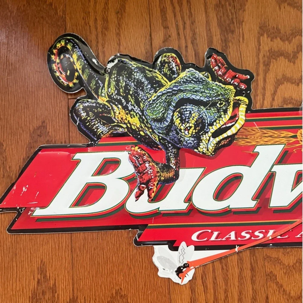 VINTAGE BUDWEISER LIZARDS FROG METAL SIGN 31 in X 9 in